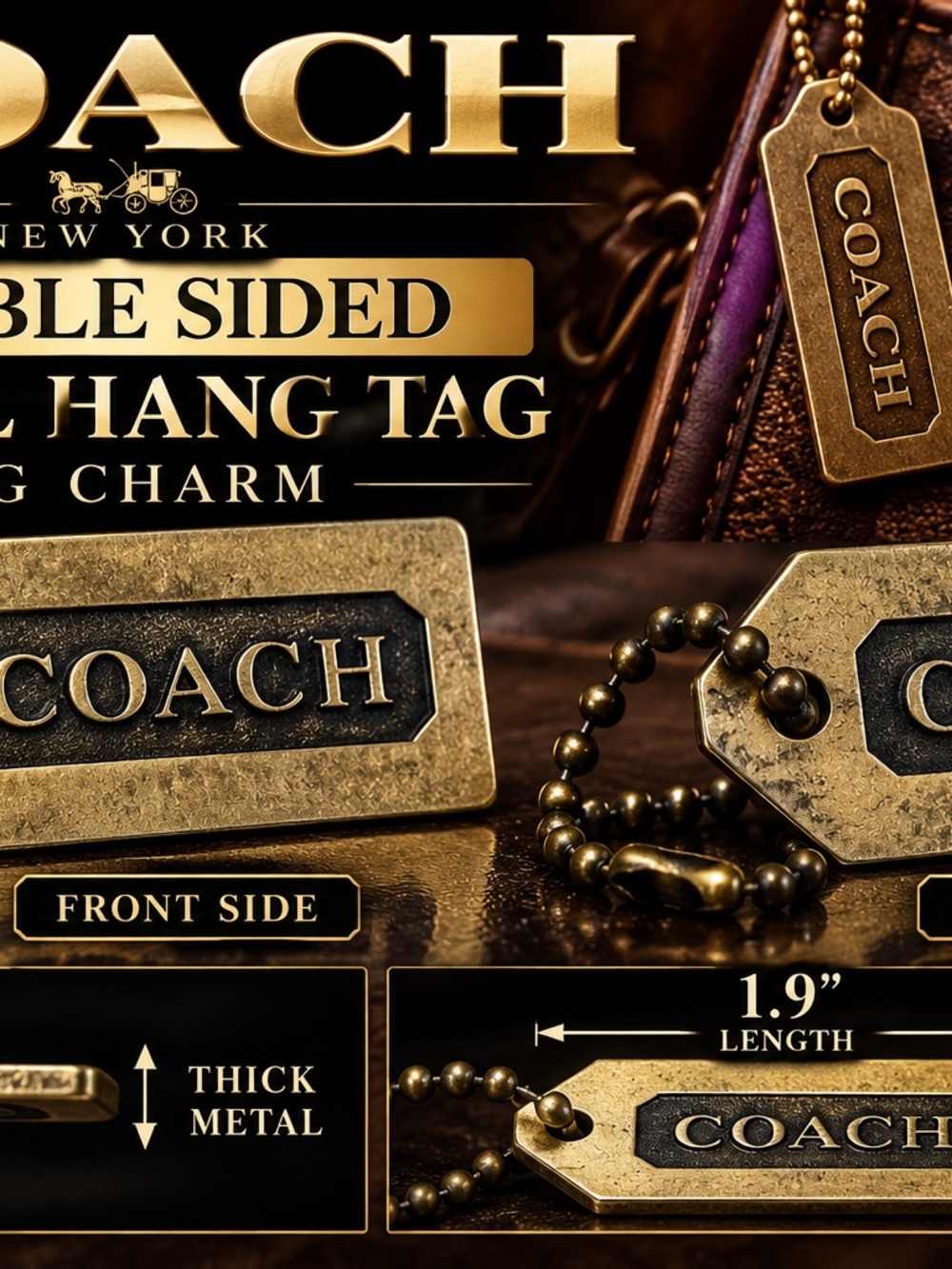 COACH Metal Hang Tag Bag Charm Double Sided Brass Tone Ball Chain 1.9” Rare
